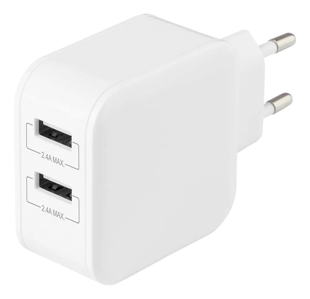 DELTACO USB wall charger, 2x USB-A 2,4 A, total 24 W, white