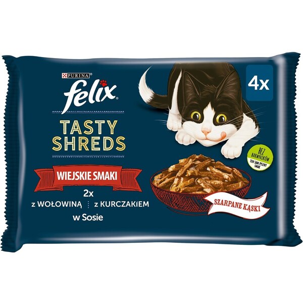 Purina Felix Tasty Shreds with Beef and Chicken, Wet food for cats, Adult, 4 x 80g