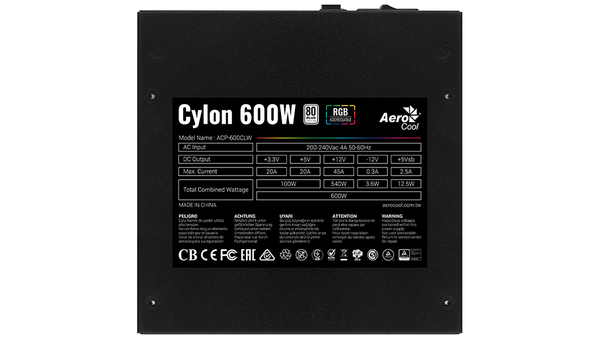 Aerocool Cylon 600W -virtal&auml;hde, 80 Plus