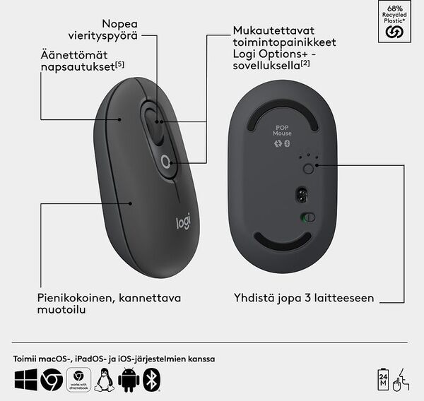 Logitech POP Icon Combo -langaton ergonominen n&auml;pp&auml;imist&ouml; ja hiiri, grafiitti
