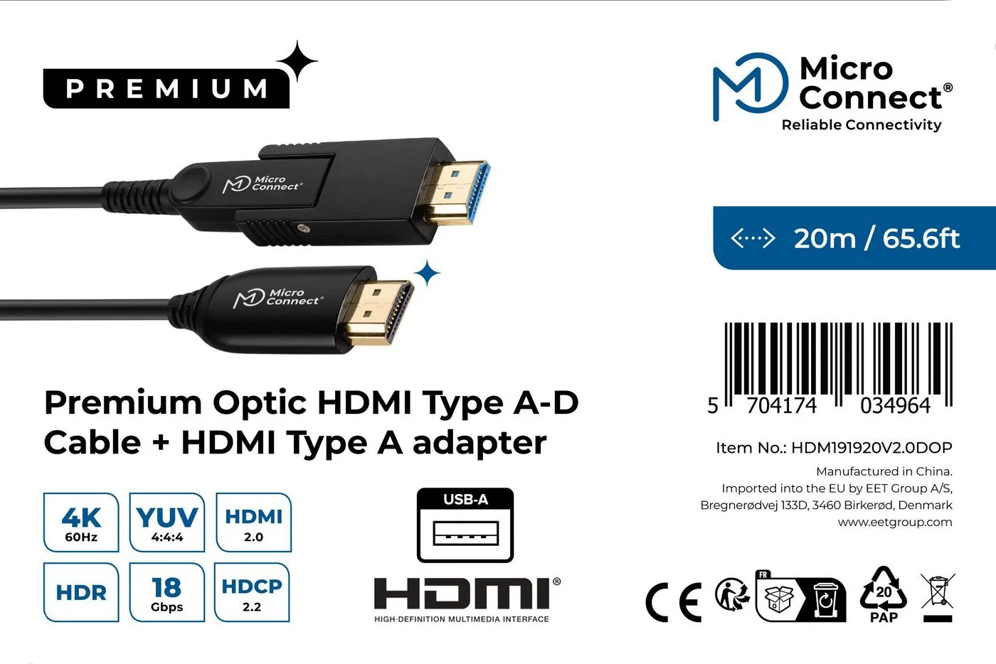 MicroConnect Optic HDMI 2.0 Active Optical cable, 4K, 20 m, Black
