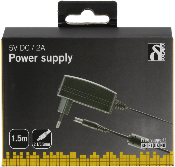 DELTACO virtasovitin, 100-240V AC 50/60Hz > 5V DC, 2A, 1,5m, musta