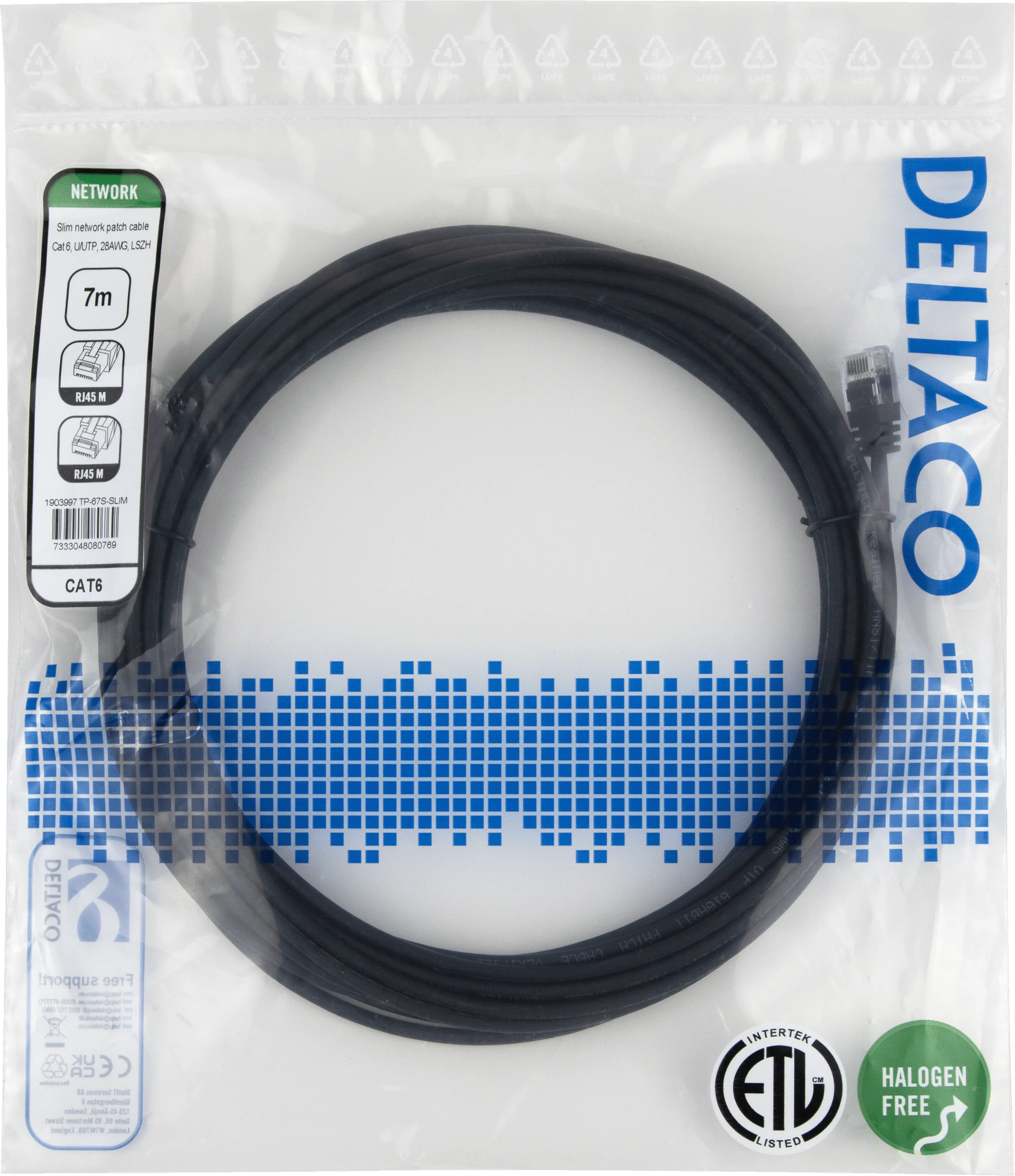 Deltaco Cat6 UTP RJ45 7m -verkkokaapeli, musta