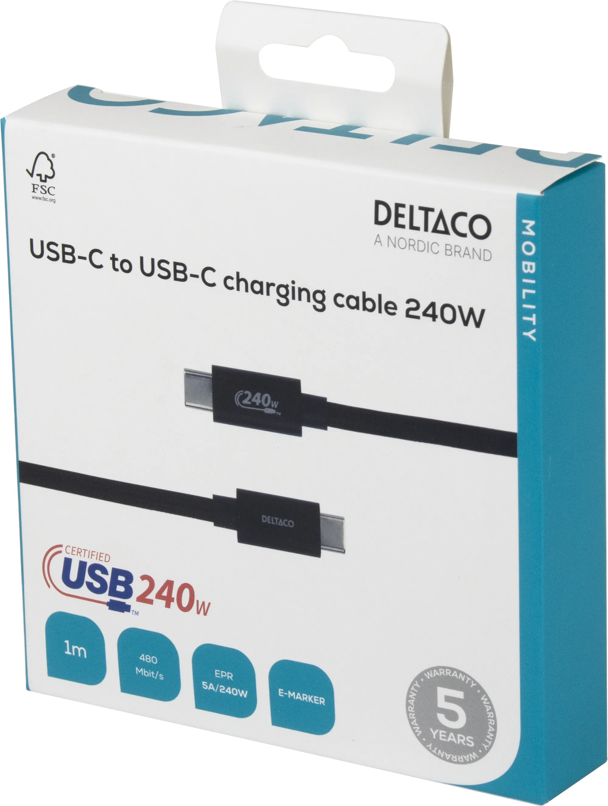 Deltaco USBC-2111 USB-C cable, 240W, 1 m, Black