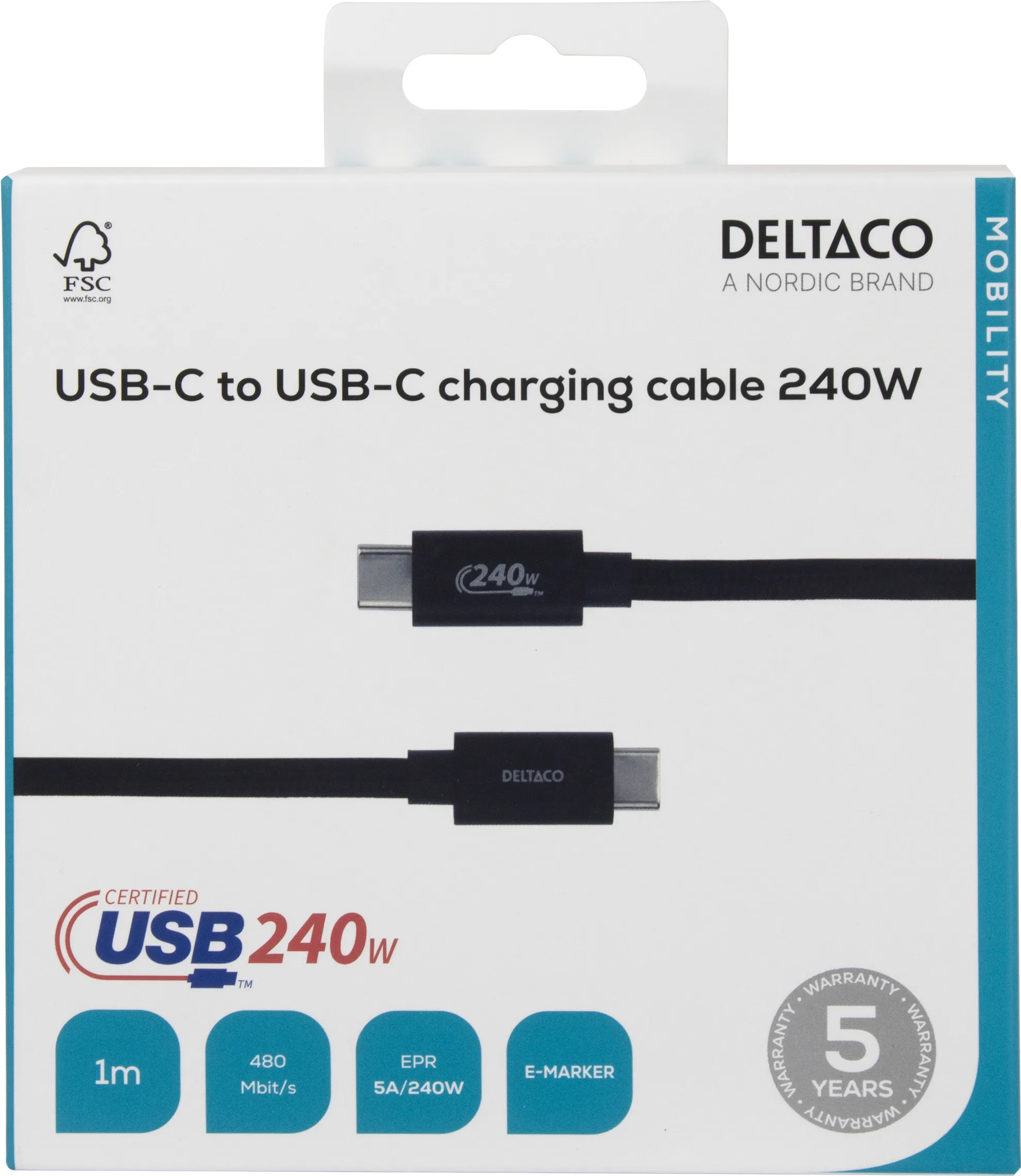 Deltaco USBC-2111 USB-C cable, 240W, 1 m, Black