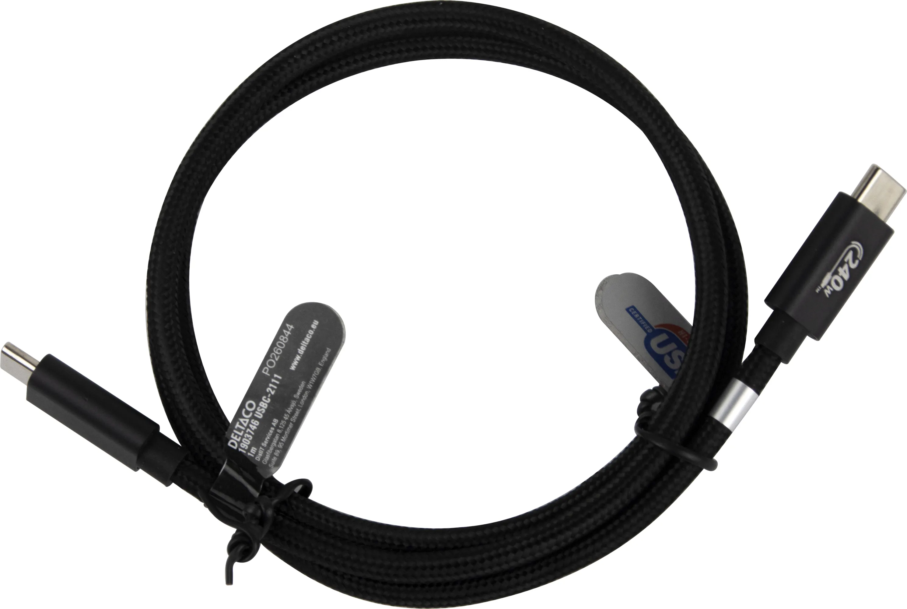Deltaco USBC-2111 USB-C cable, 240W, 1 m, Black