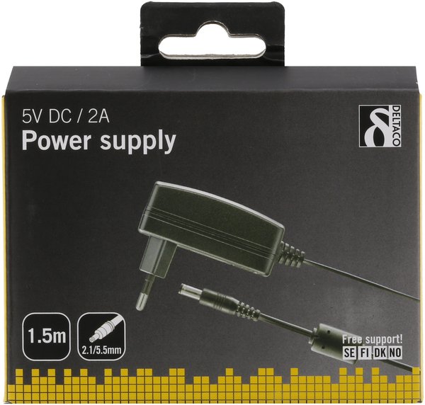 DELTACO virtasovitin, 100-240V AC 50/60Hz > 5V DC, 2A, 1,5m, musta