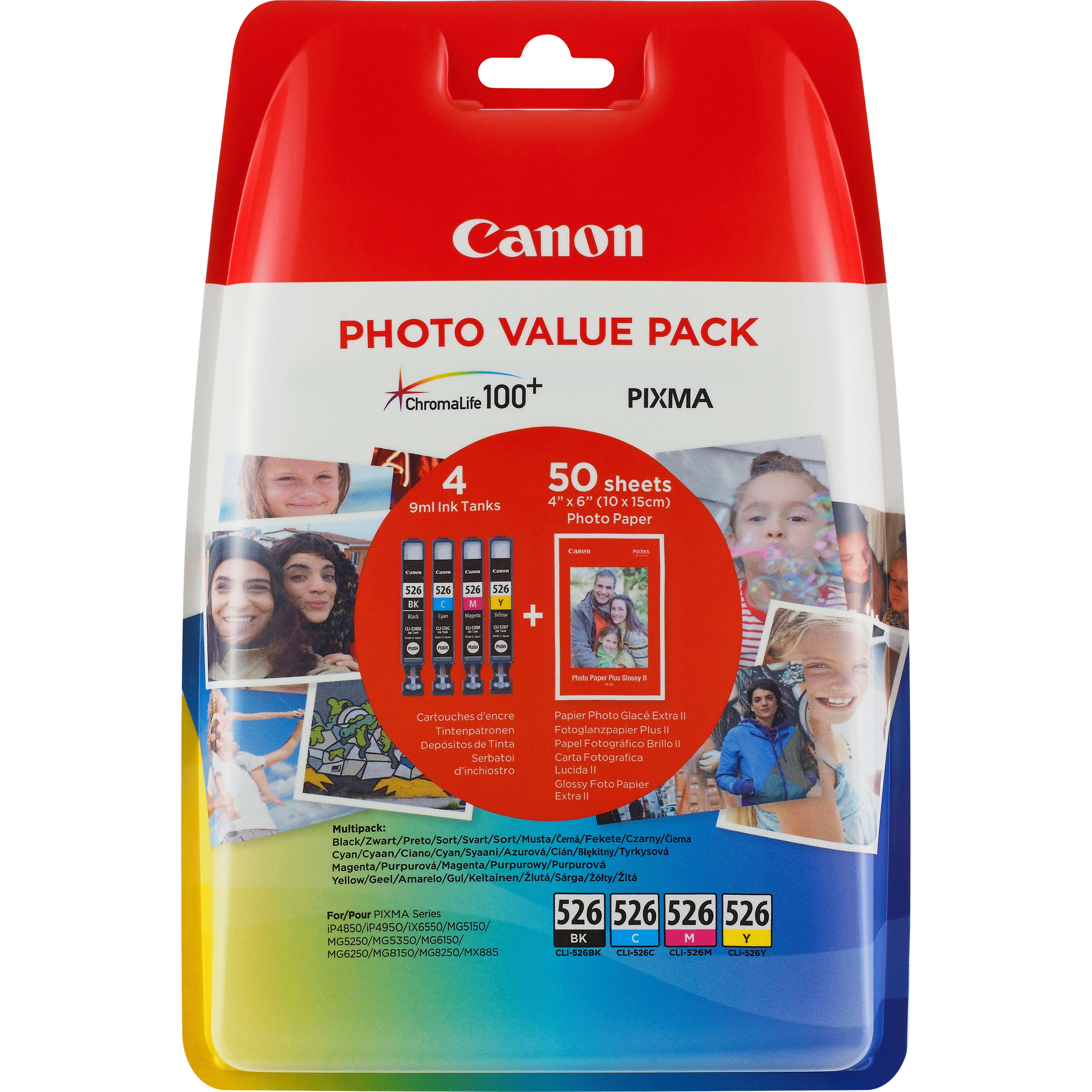 Canon CLI-526 C/M/Y/BK Photo Value Pack - 4 pakettia - 9 ml - musta, keltainen, sinivihre&auml;, magenta - 100 x 150 mm 50 arkki (arkit) kuplapakkaus - mustes&auml;ili&ouml; /