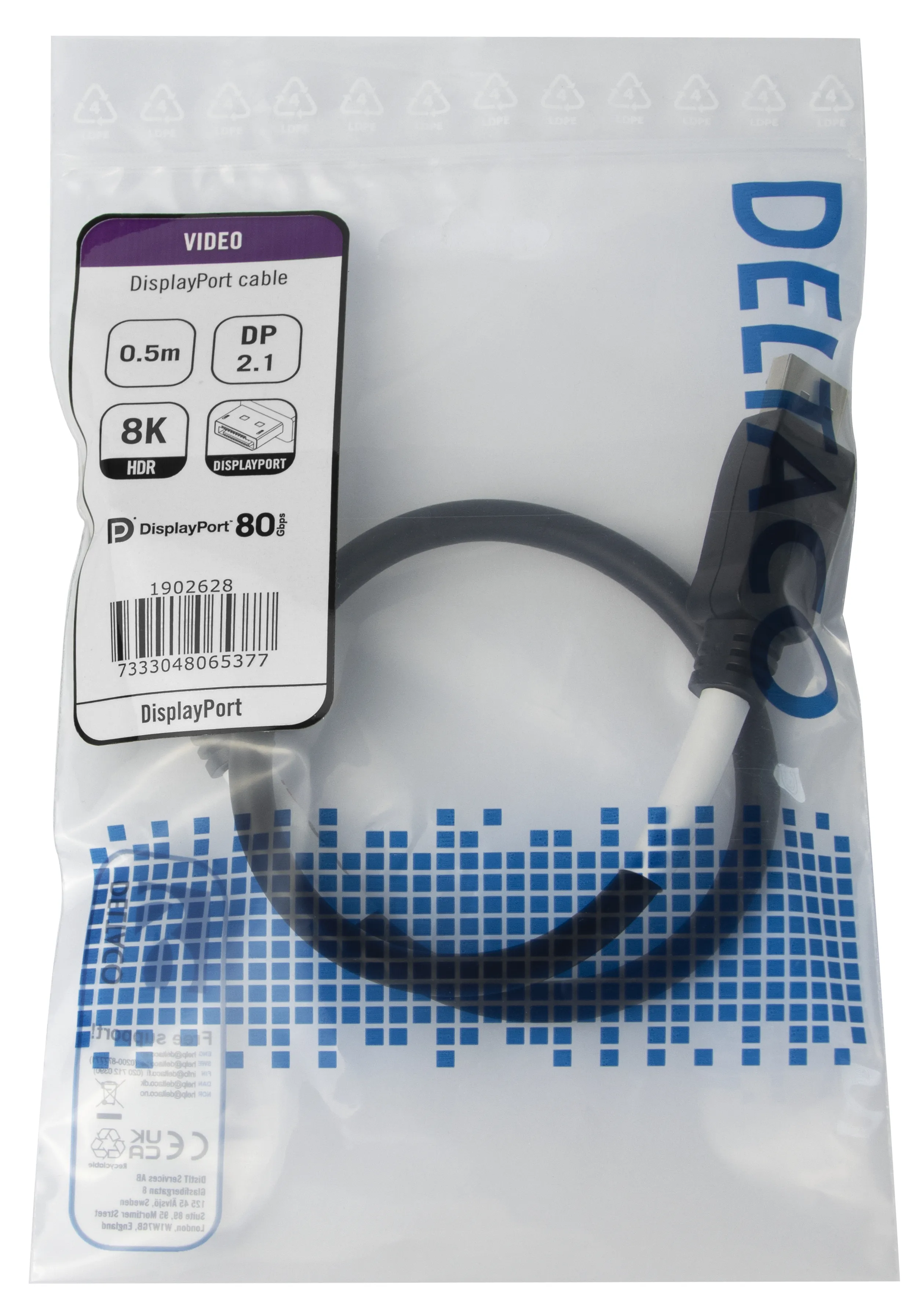 Deltaco  DisplayPort – DisplayPort 2,1 -kaapeli, 0,5m, Musta
