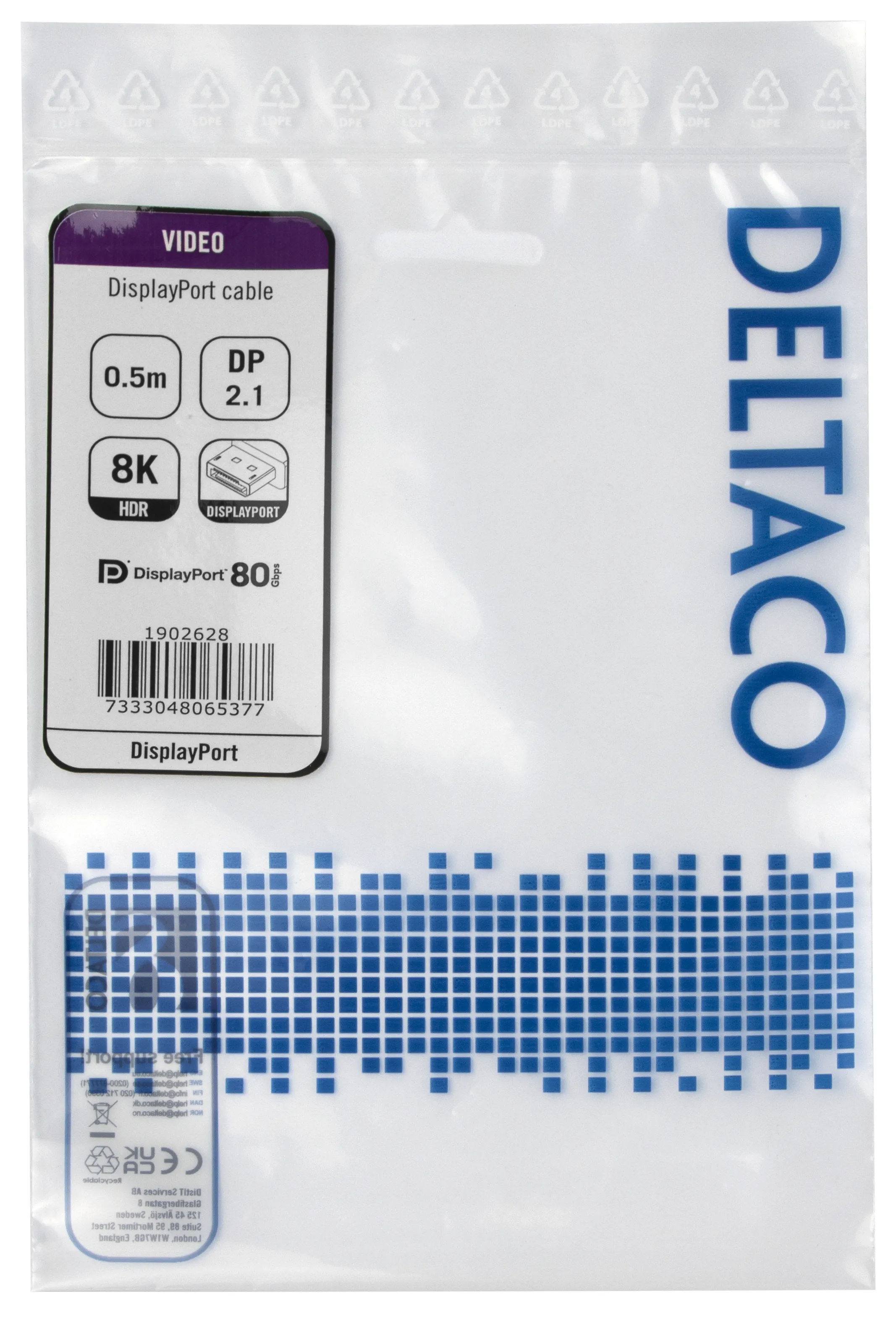 Deltaco  DisplayPort – DisplayPort 2,1 -kaapeli, 0,5m, Musta