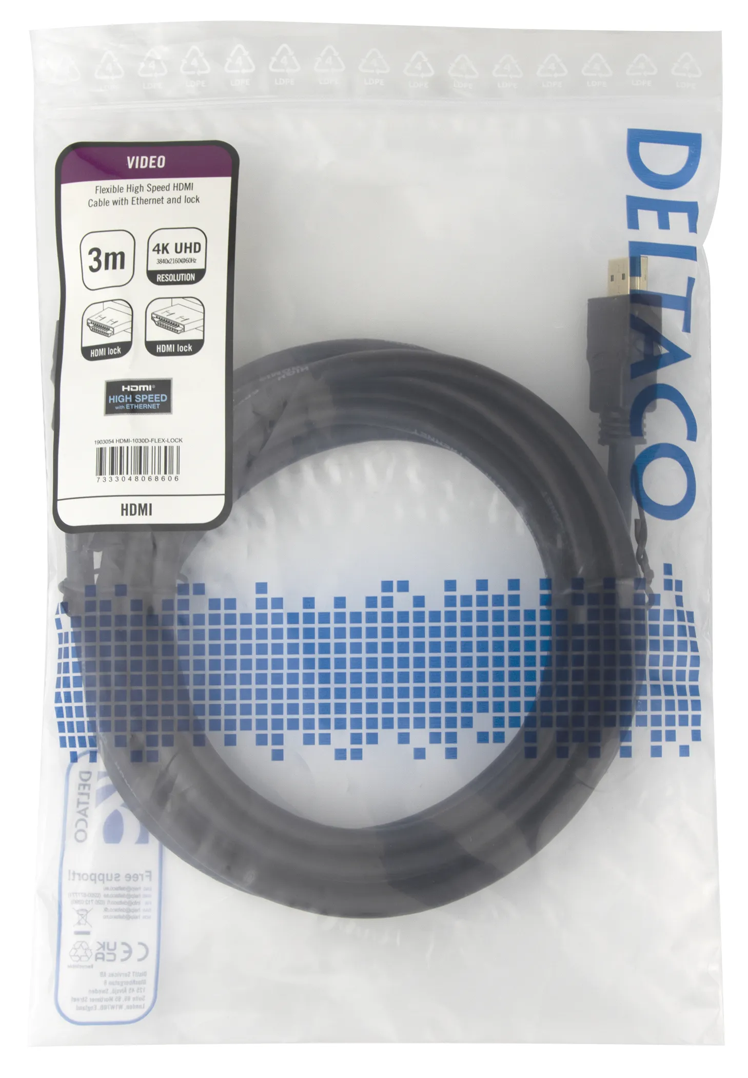 DELTACO High-Speed Flex HDMI cable, 3M, w/lock, 4K UHD, black