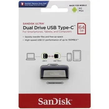 SanDisk Ultra Dual Drive USB-C/USB-A 3.1 Gen 1 64GB memory stick, Black/Silver