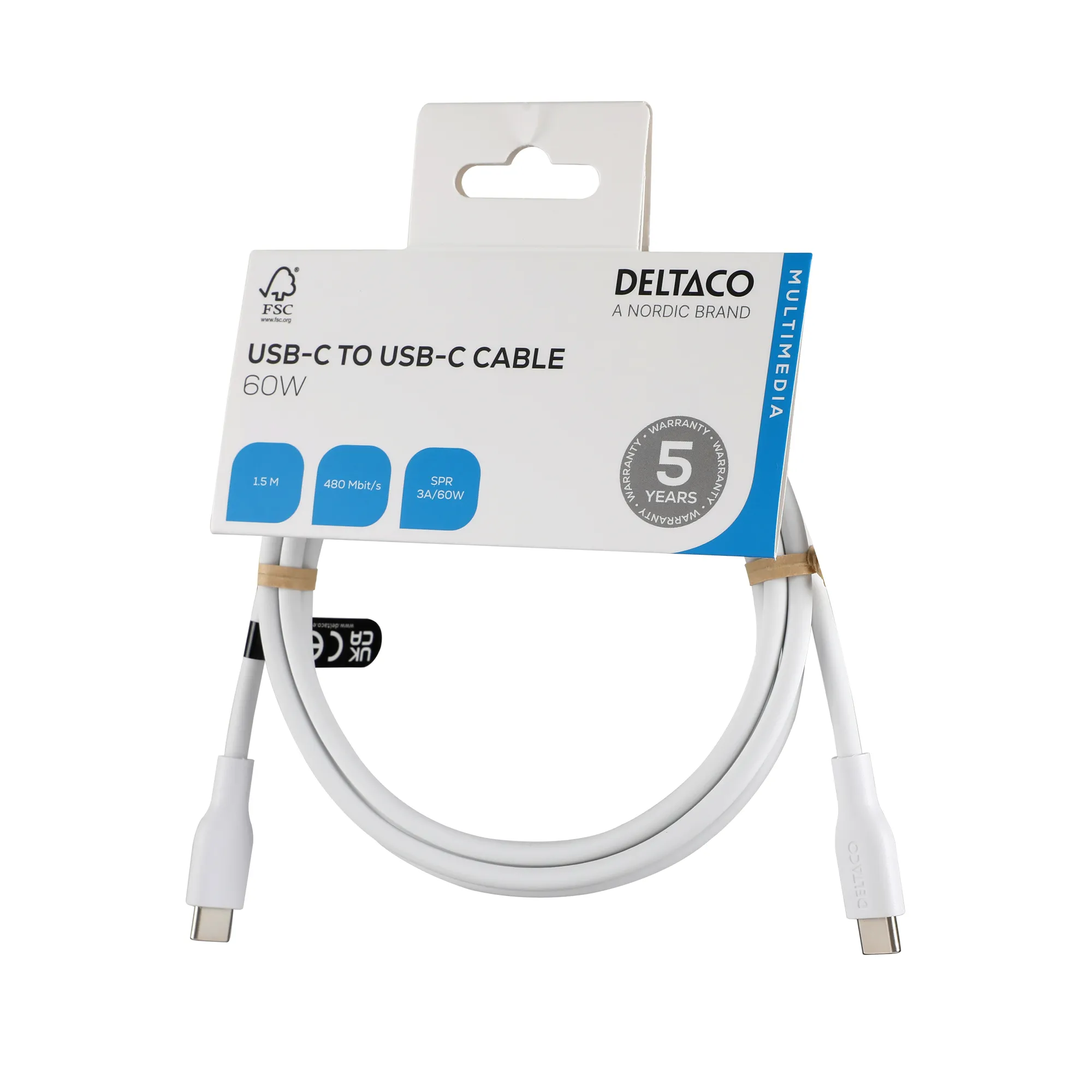 Deltaco USB-C - USB-C 2.0 SPR Silicone - cable, White, 1.5m