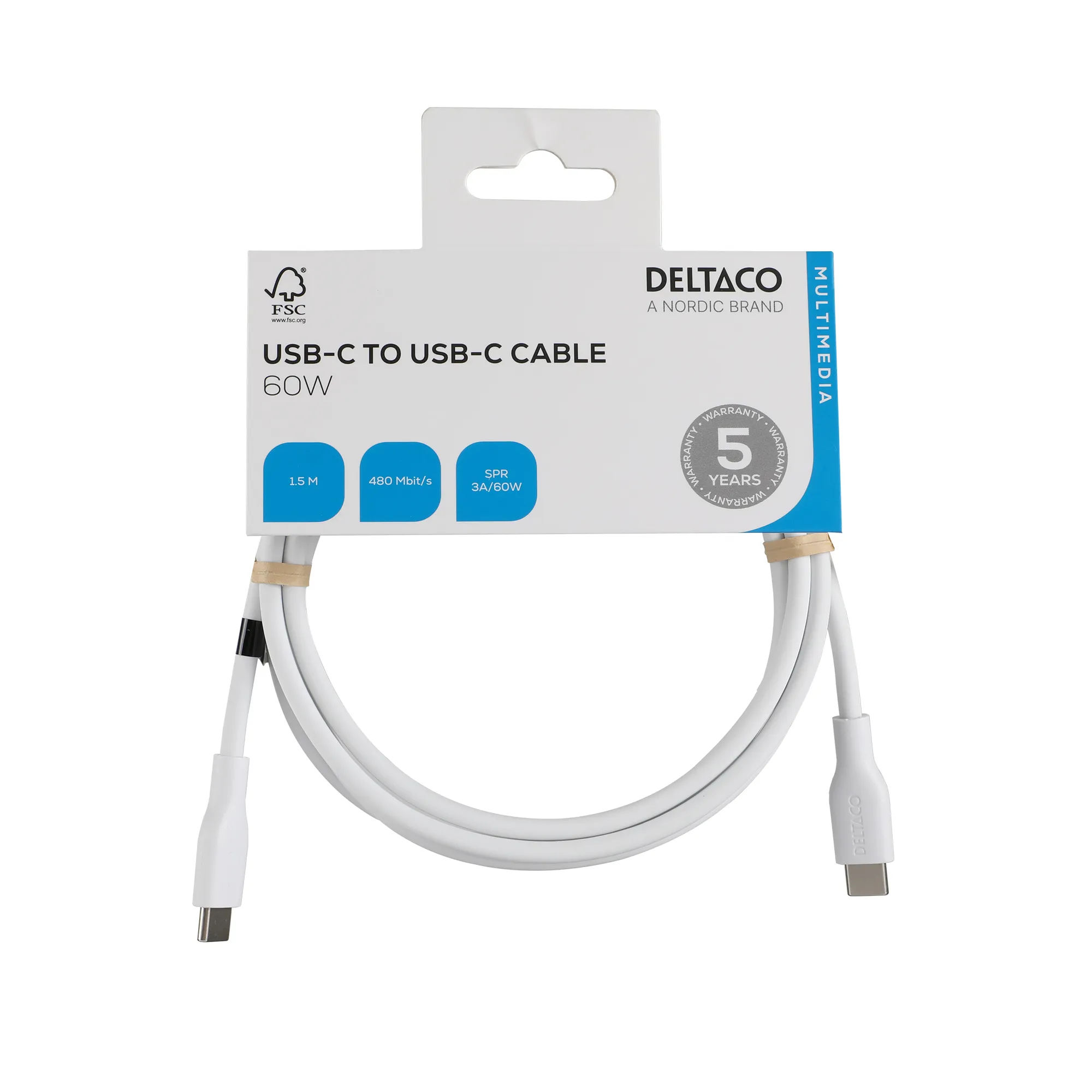 Deltaco USB-C - USB-C 2.0 SPR Silicone - cable, White, 1.5m