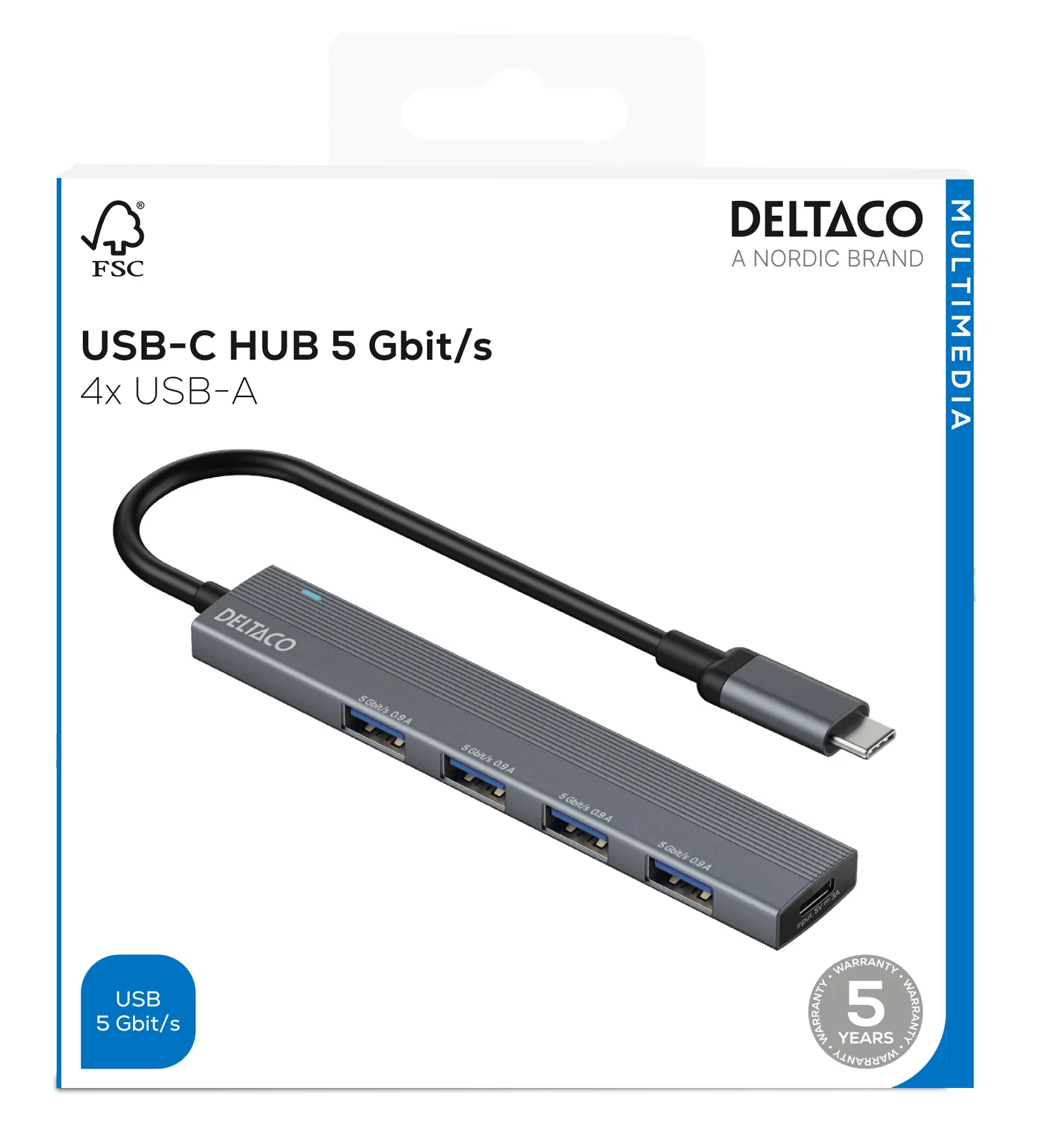DELTACO USB-C hub, 5 Gbps, 4x USB-A female, aluminum, grey