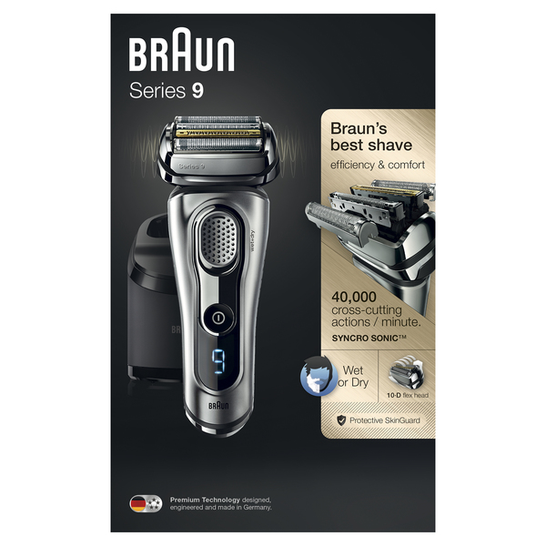 BRAUN PARRANAJOKONE 9290CC Hopea, SERIES-9 Wet&amp;Dry, Huoltokeskuksella, SyncroSonic joustava 4-ter&auml;inen ajop&auml;&auml;, uudistettu trimmeriosa, 40% v&auml;hemm&auml;n ihokontaktia