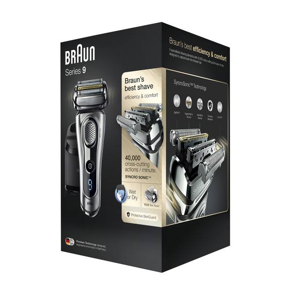 BRAUN PARRANAJOKONE 9290CC Hopea, SERIES-9 Wet&amp;Dry, Huoltokeskuksella, SyncroSonic joustava 4-ter&auml;inen ajop&auml;&auml;, uudistettu trimmeriosa, 40% v&auml;hemm&auml;n ihokontaktia