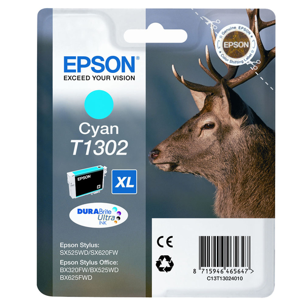 Epson T1302 - Kasetti tulostimelle - 1 x sinivihre&auml; - kuplapakkaus malleihin Stylus Office BX630, BX635, BX935, WorkForce WF-3010, 3520, 3530, 3540, 7015, 7515,