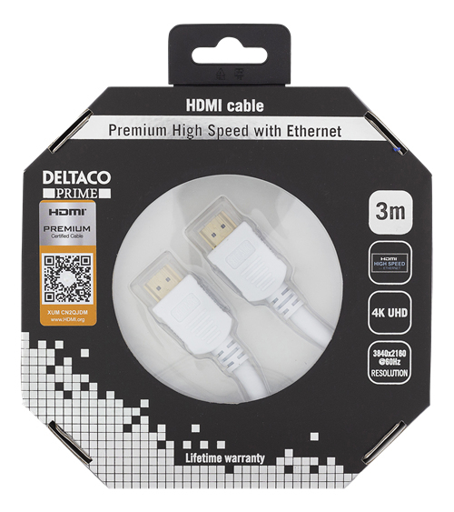Deltaco HDMI &ndash; HDMI 2.0 - kabel, 3 m, Vit