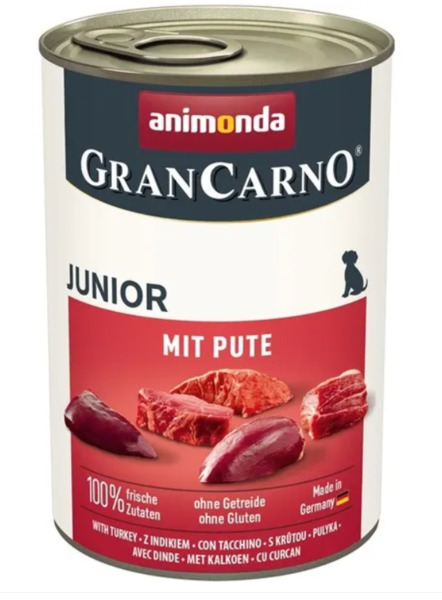 Animonda GranCarno Junior with Turkey, V&aring;tfoder f&ouml;r hund, Spannm&aring;lsfritt, 400 g