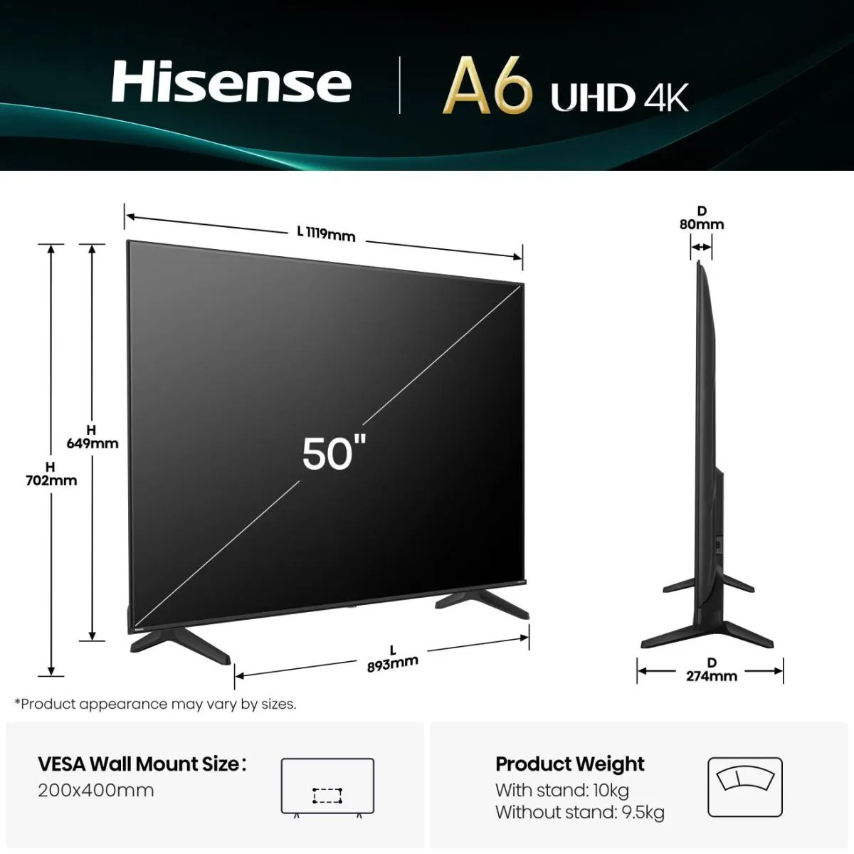Hisense 50A6Q 50" 4K LED VIDAA OS TV, 60Hz, Dolby Vision, HDR10+
