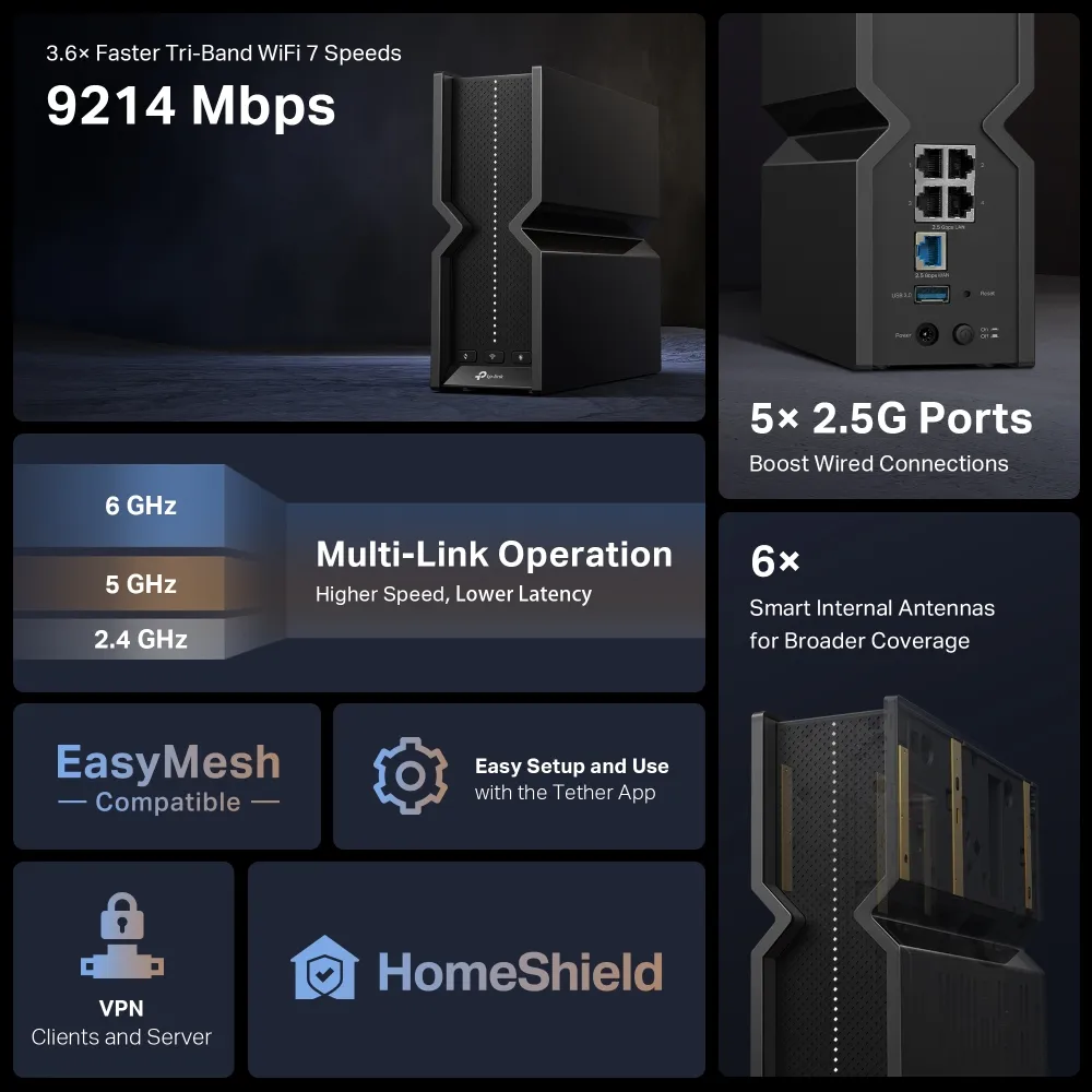 TP-Link Archer BE550 -reititin, Wi-Fi 7, BE9300, Tri-band, musta