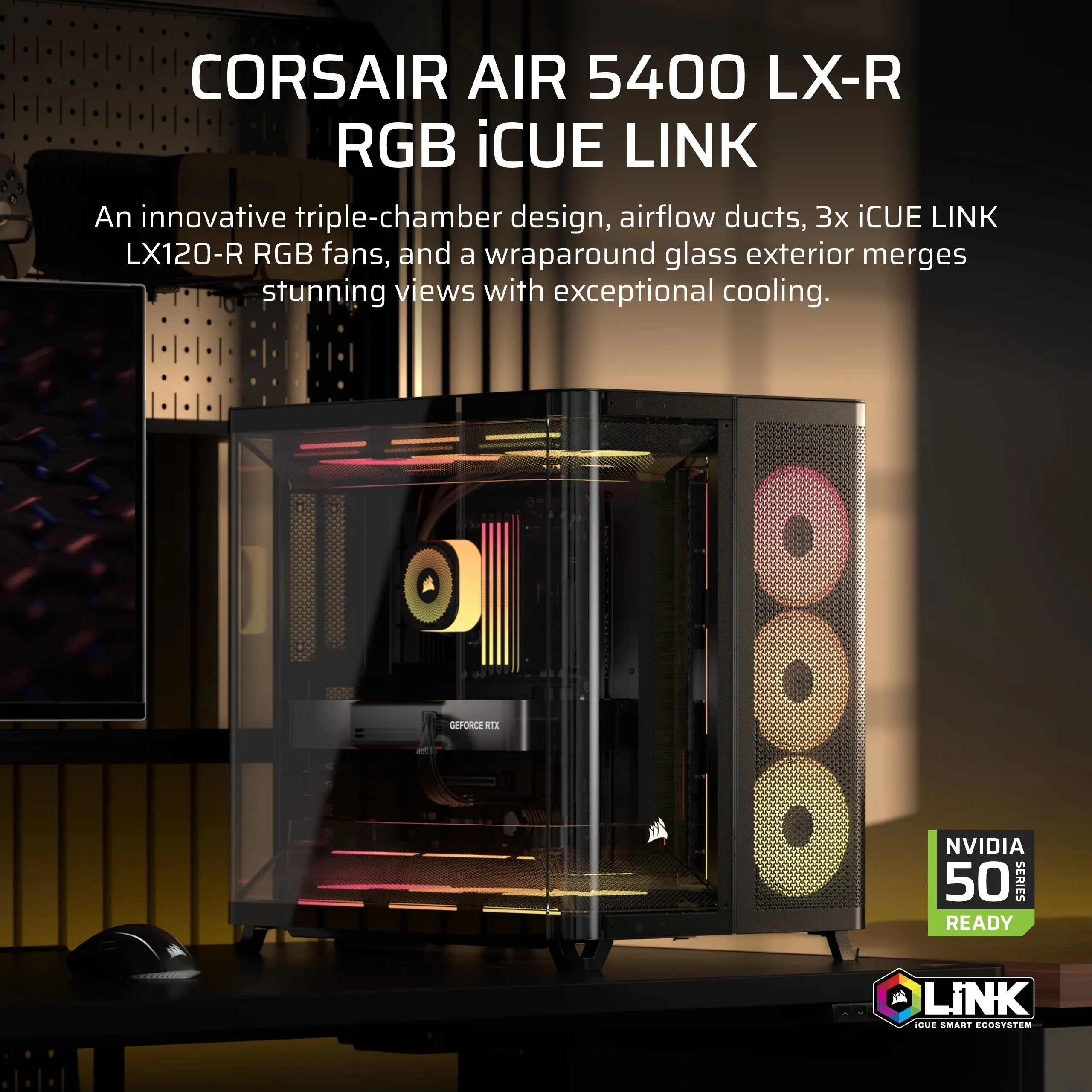 Corsair Air 5400 LX-R Link Midi-Tower Case with window and RGB lighting, Black