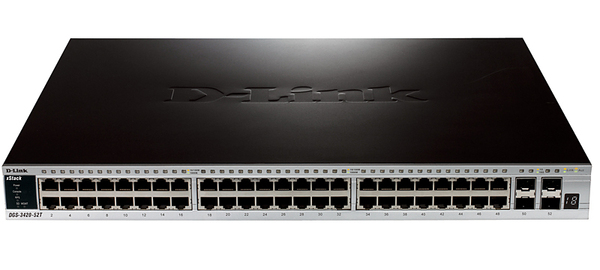 D-Link DGS-3420-52P xStack 48-port 10/100/1000Base-T PoE with four 10 GbE SFP+ combo ports Layer 2+ Stackable Managed PoE Gigabit Switch. Up to 12 units per sta