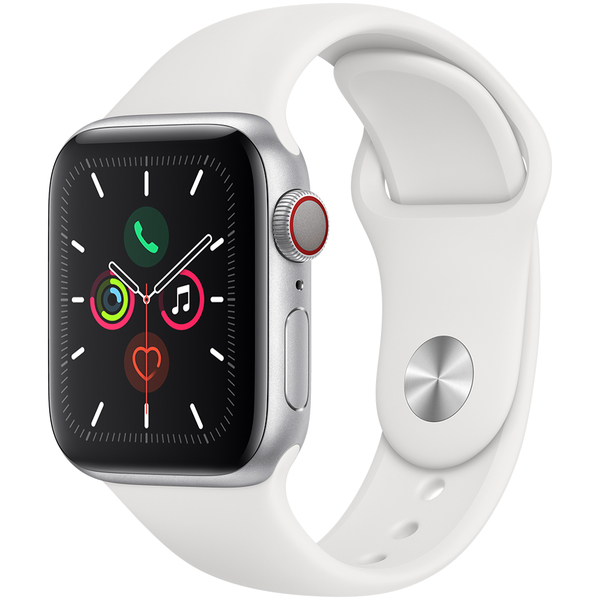 Apple Watch Series 5 GPS + Cellular, 40mm Stainless Steel Case with White Sport Band - S/M &amp; M/L