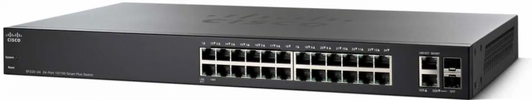 Cisco Small Business Smart Plus SF220-24 - Kytkin - Hallinnoitu - 24 x 10/100 + 2 x combo Gigabit SFP - ty&ouml;p&ouml;yt&auml;, r&auml;kkiin asennettava