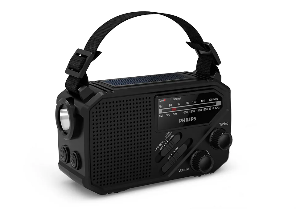 Philips TAR1609/00 Portable AM/FM Radio with Flashlight and Emergency Alarm, Black