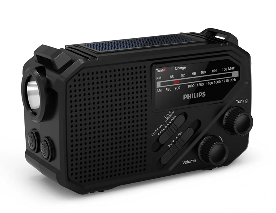 Philips TAR1609/00 Portable AM/FM Radio with Flashlight and Emergency Alarm, Black
