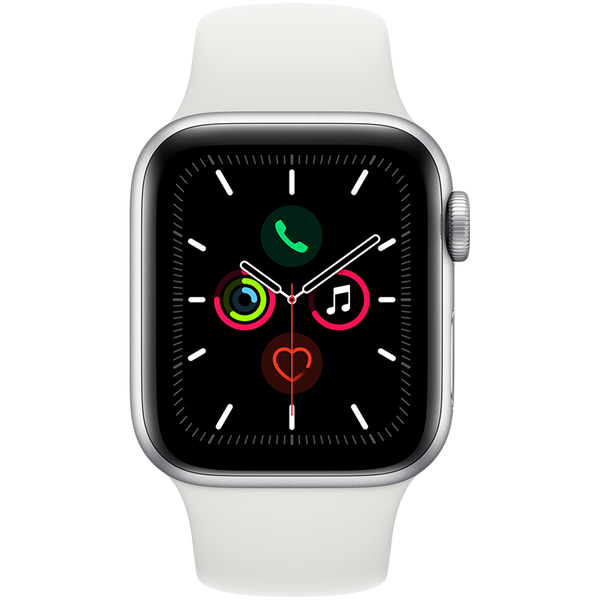 Apple Watch Series 5 GPS + Cellular, 40mm Stainless Steel Case with White Sport Band - S/M &amp; M/L