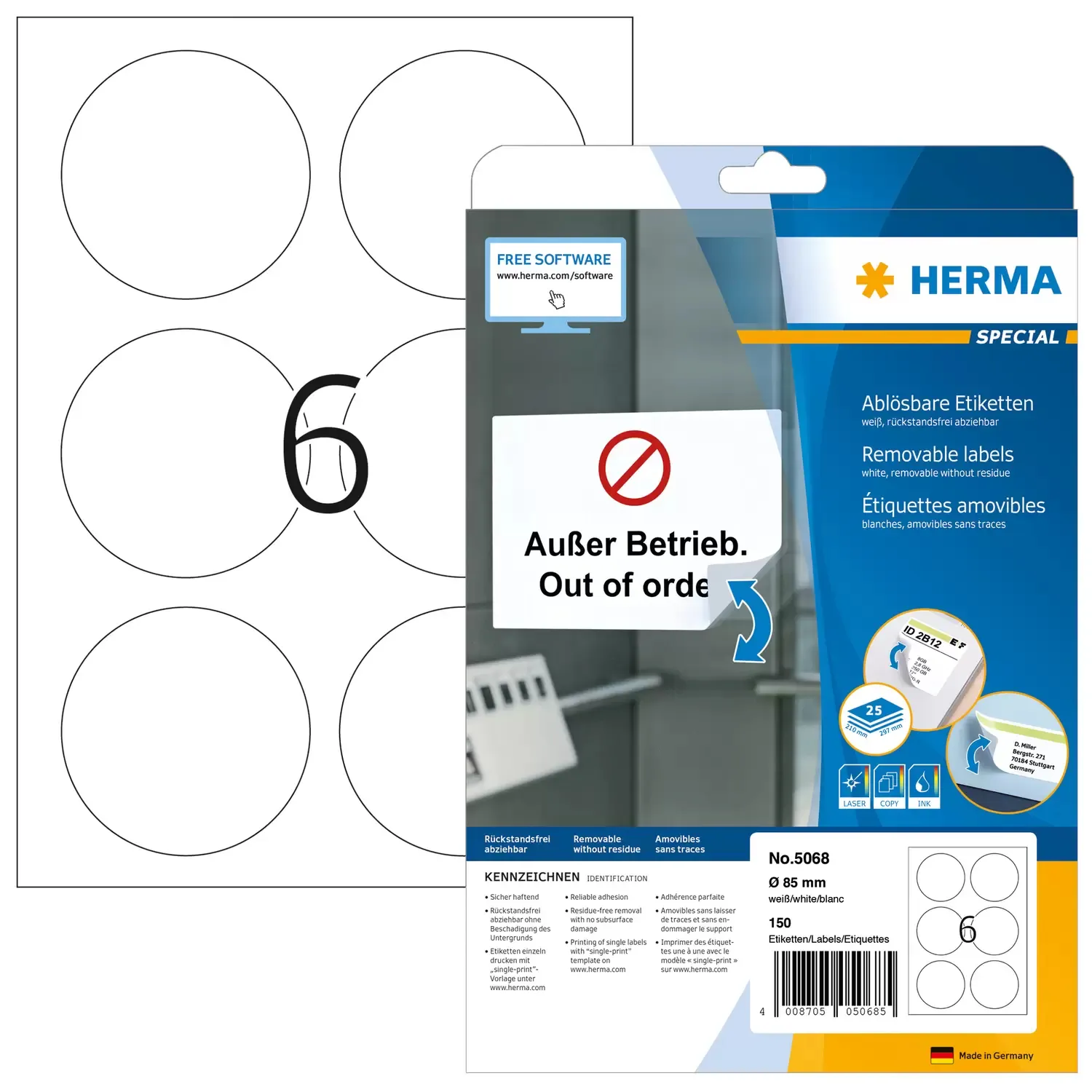 Herma label removable &oslash;85 (150)