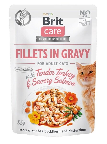 Brit Care Fillets in Gravy Turkey & Salmon, V&aring;tfoder f&ouml;r katt, Adult, Spannm&aring;lsfritt, 85 g