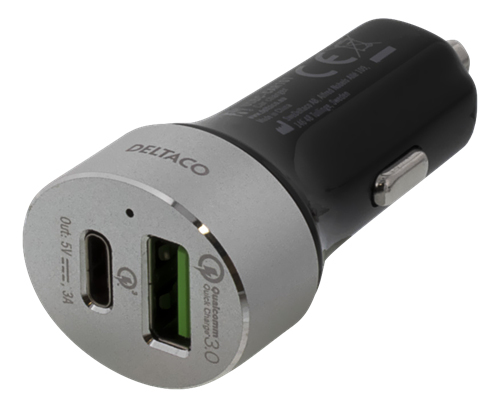 DELTACO autolaturi, USB-C ja Quick Charge 3.0, 6A, hopea/musta