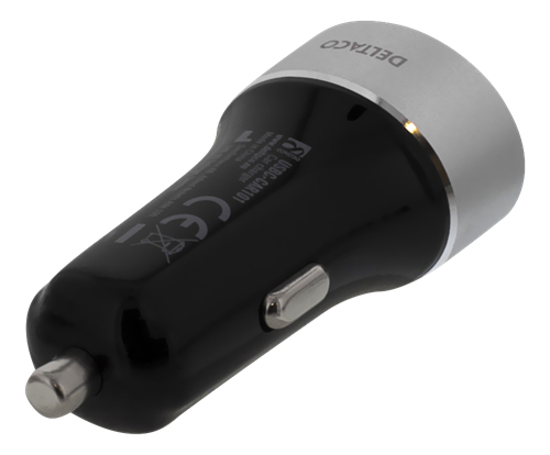 DELTACO autolaturi, USB-C ja Quick Charge 3.0, 6A, hopea/musta