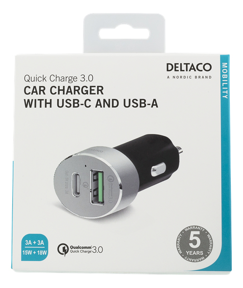 DELTACO autolaturi, USB-C ja Quick Charge 3.0, 6A, hopea/musta