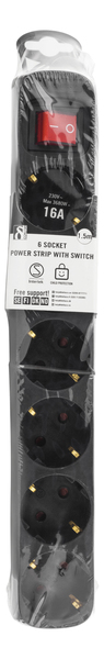 Deltaco GT-123B 6 outlets Power Strip, 1.5m, Black