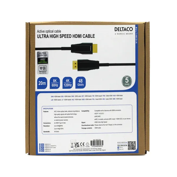 Deltaco ULTRA High Speed AOC HDMI - cable, 20m, Black