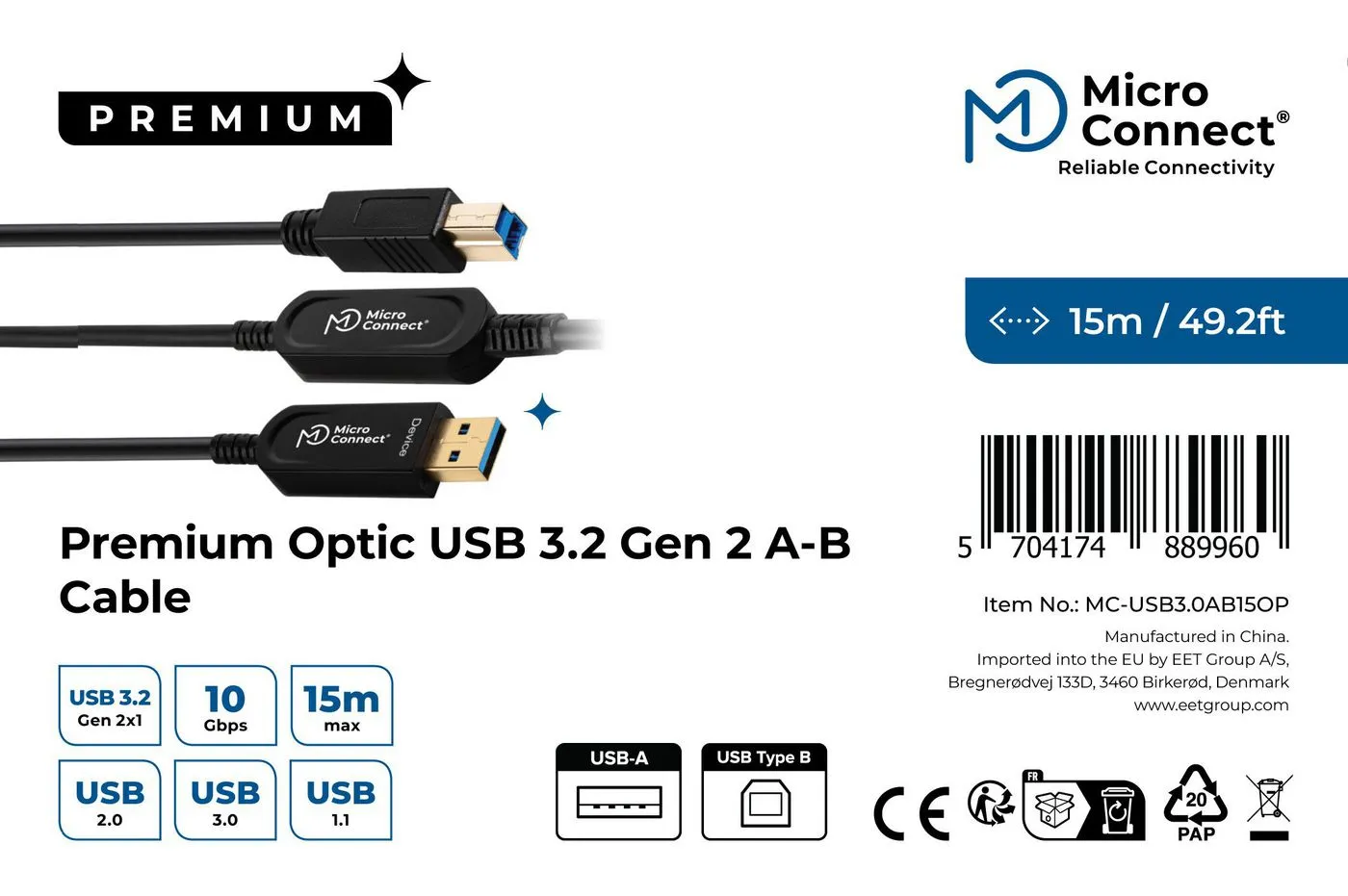 MicroConnect Premium USB 3.2 Gen 2 active optical USB-A to USB-B cable, 15 m, Black