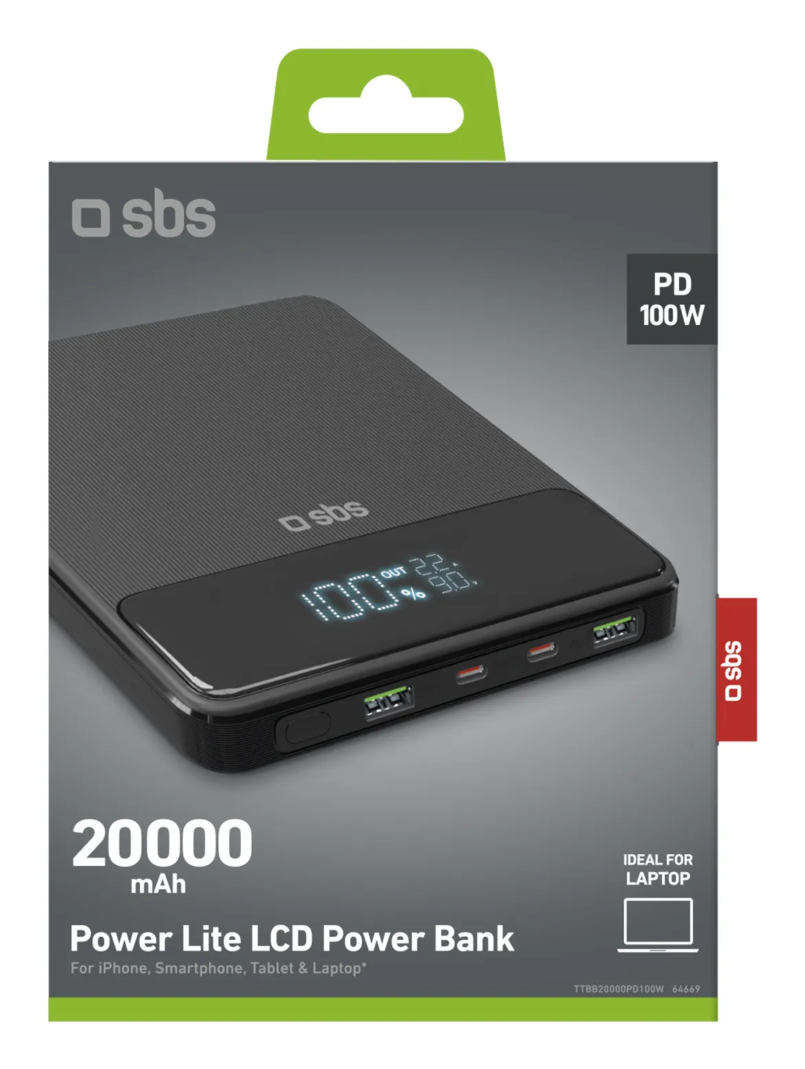 SBS Powerbank Slim 20000 mAh, 100W - powerbank, Black