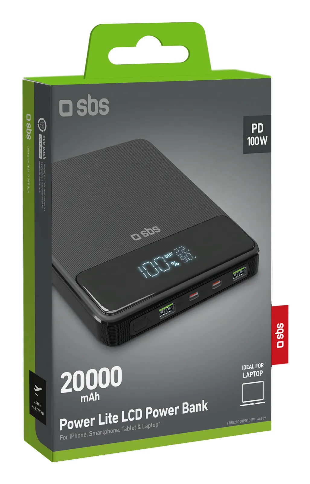 SBS Powerbank Slim 20000 mAh, 100W - powerbank, Black