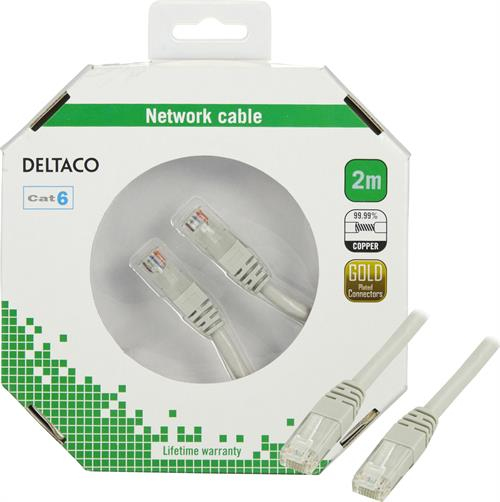 Deltaco Cat6 U/UTP - n&auml;tverkskabel, 2 m, Gr&aring;