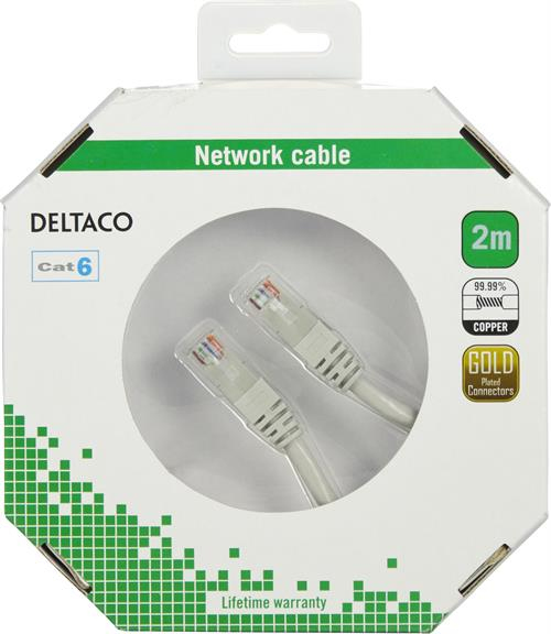 Deltaco Cat6 U/UTP - n&auml;tverkskabel, 2 m, Gr&aring;