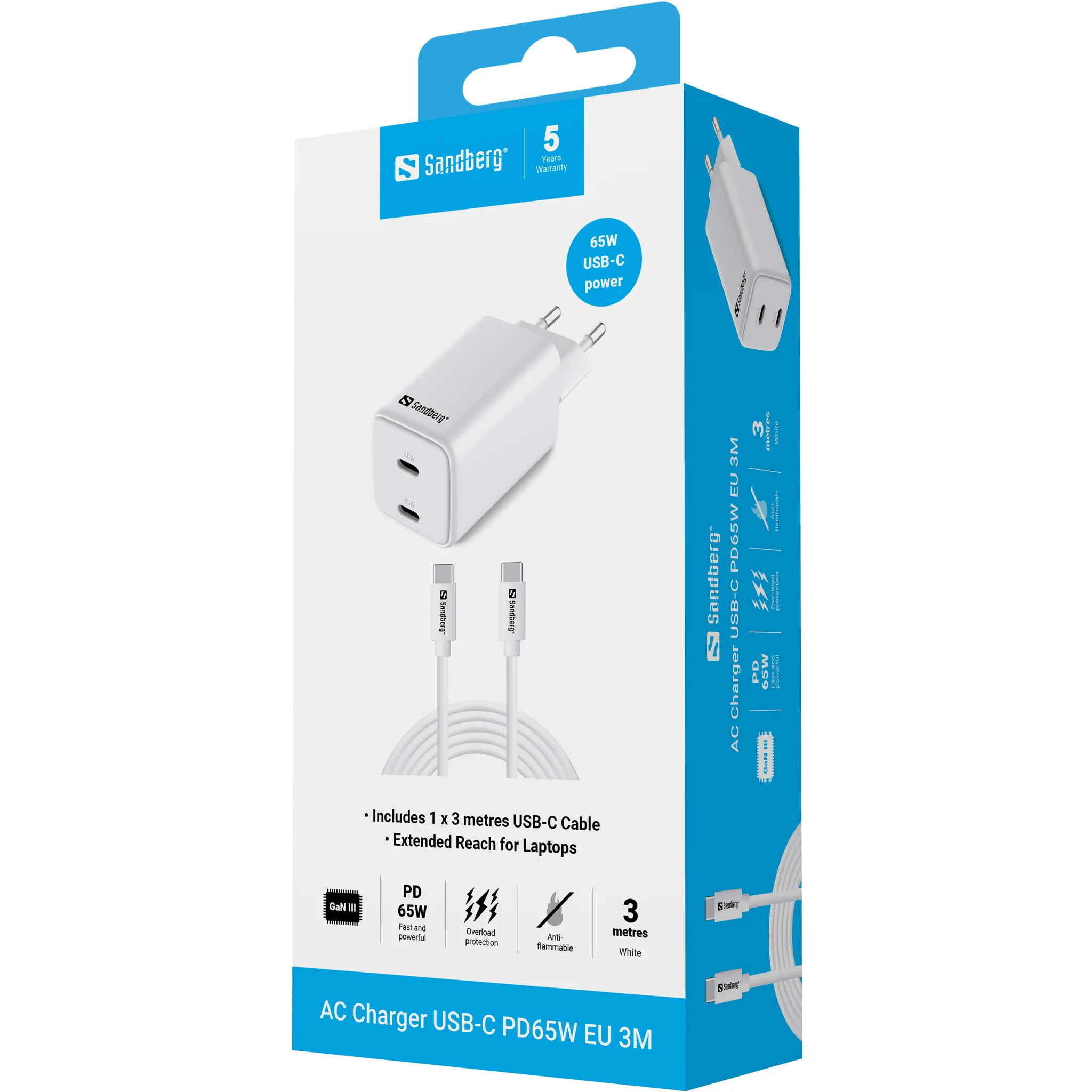 Sandberg AC Charger USB-C PD65W EU 3 metri&auml; - Sein&auml;laturi, Valkoinen