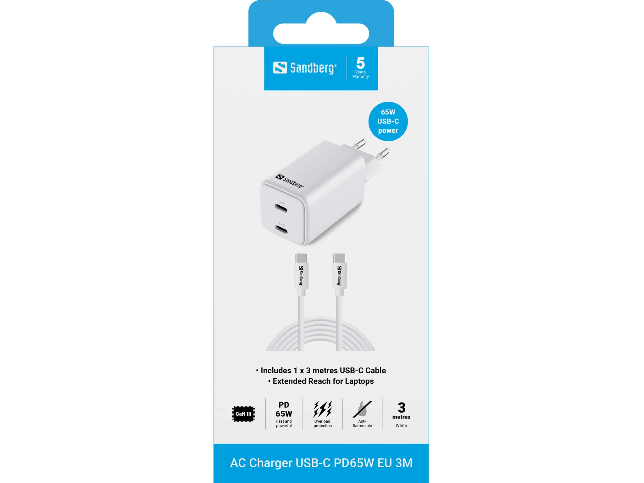 Sandberg AC Charger USB-C PD65W EU 3 metri&auml; - Sein&auml;laturi, Valkoinen