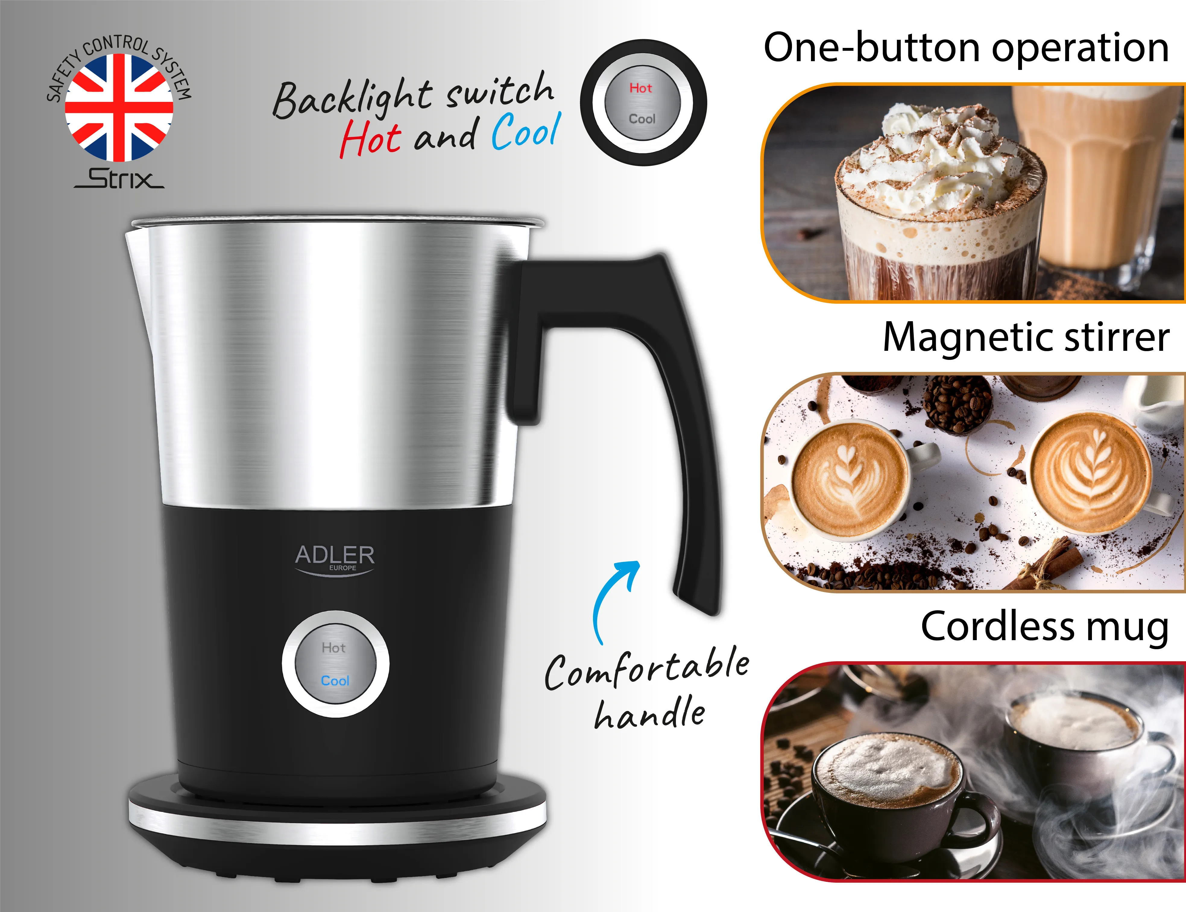 Adler AD 4497 Electric Milk Frother and Heater, 600 W, 300 ml, Black/Stainless Steel