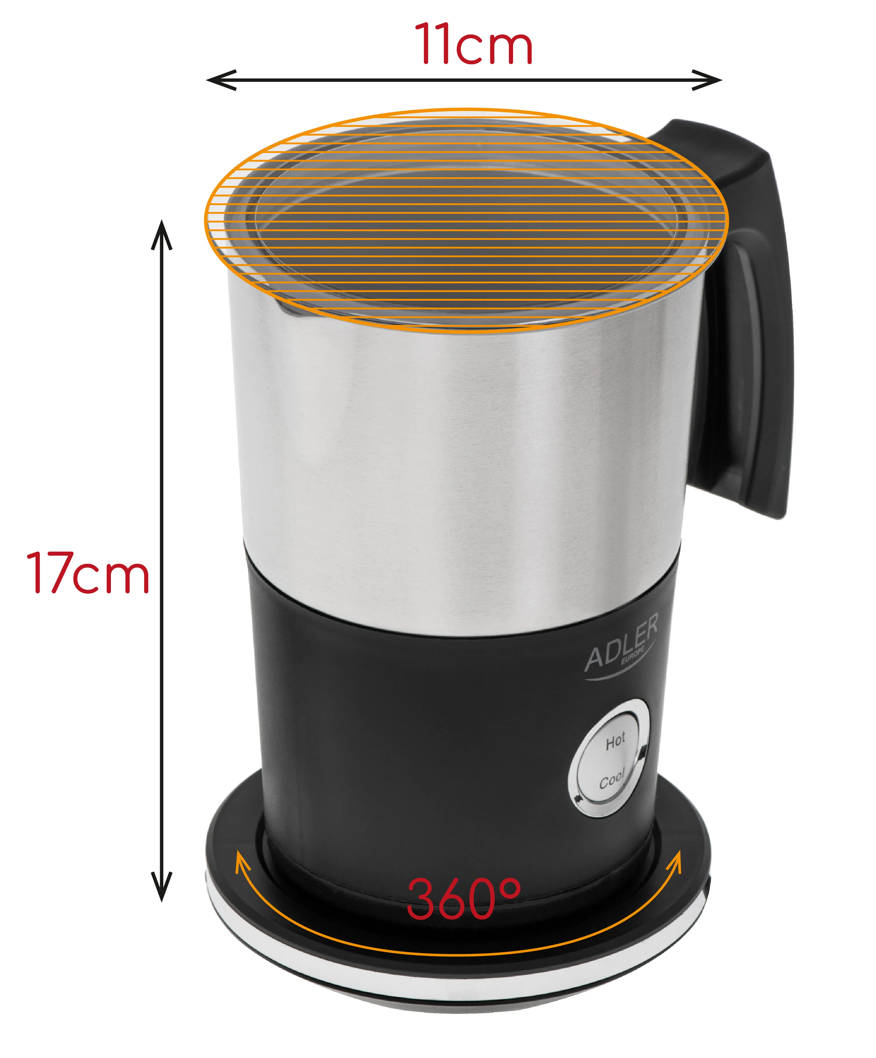 Adler AD 4497 Elektrisk mj&ouml;lkskummare och v&auml;rmare, 600 W, 300 ml, Svart/Rostfritt st&aring;l