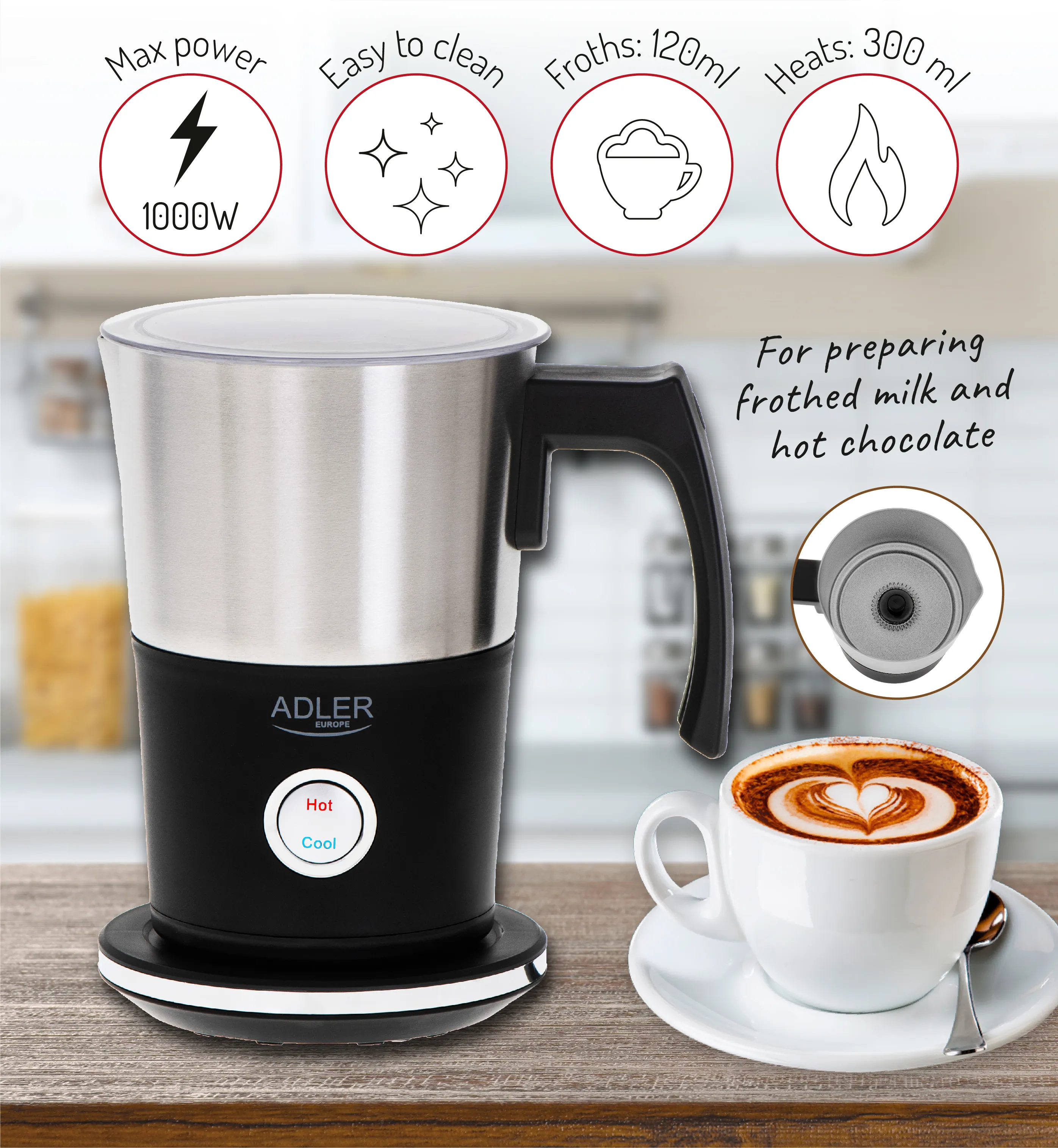 Adler AD 4497 Electric Milk Frother and Heater, 600 W, 300 ml, Black/Stainless Steel